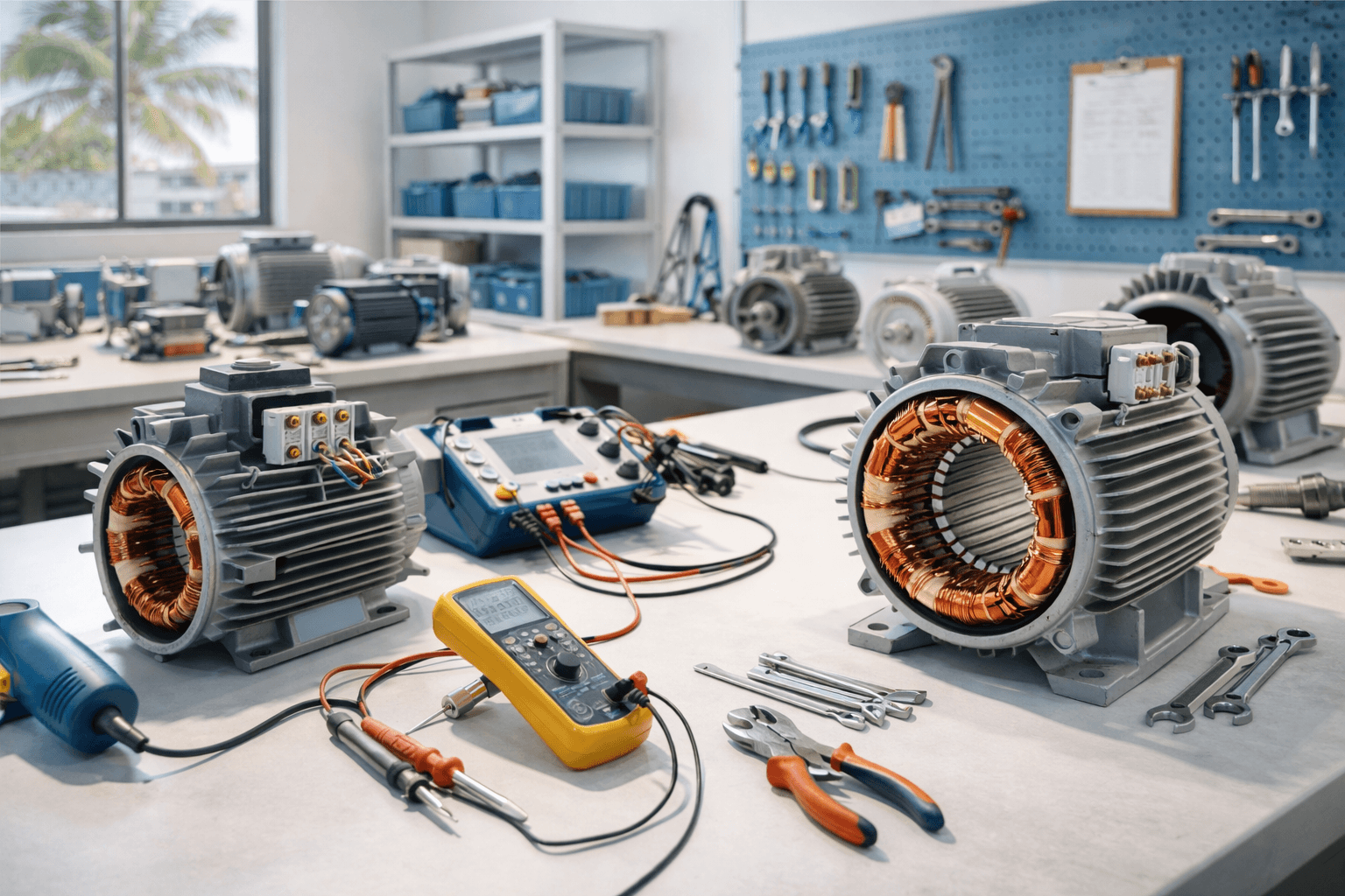 Servicio técnico para motores, bombas y máquinas eléctricas con apoyo de taller especializado.