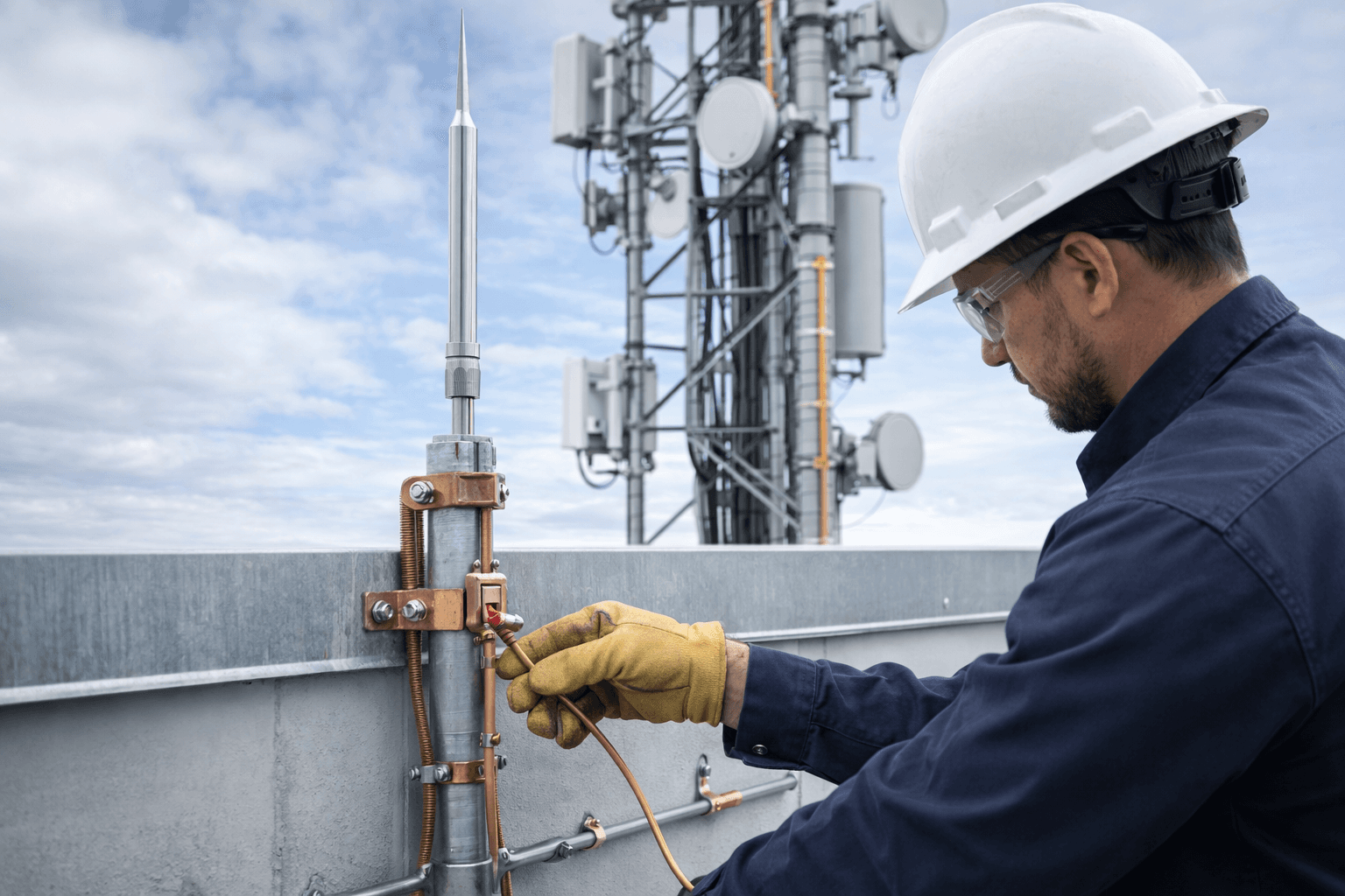 Sistema de protección eléctrica atmosférica y pararrayos en instalación técnica.