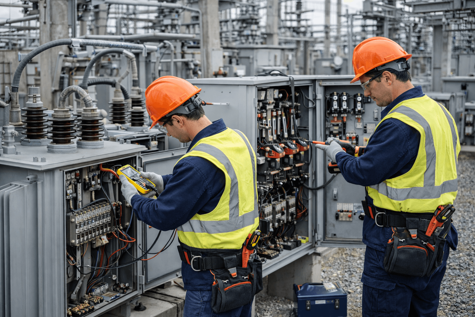 Técnico realizando mantenimiento en subestación eléctrica en sitio.